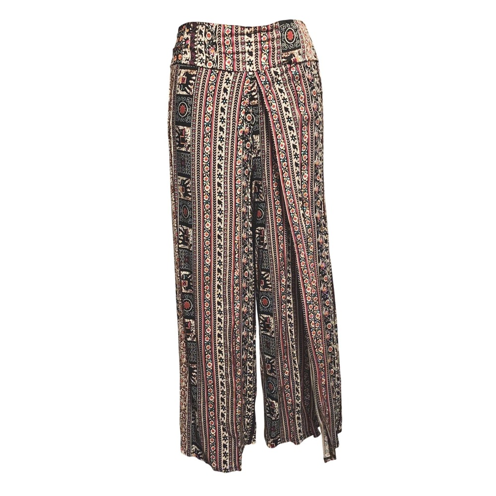 Boho Elephant Striped Side Slit Wide Leg Pants Brown Beige Pink Small